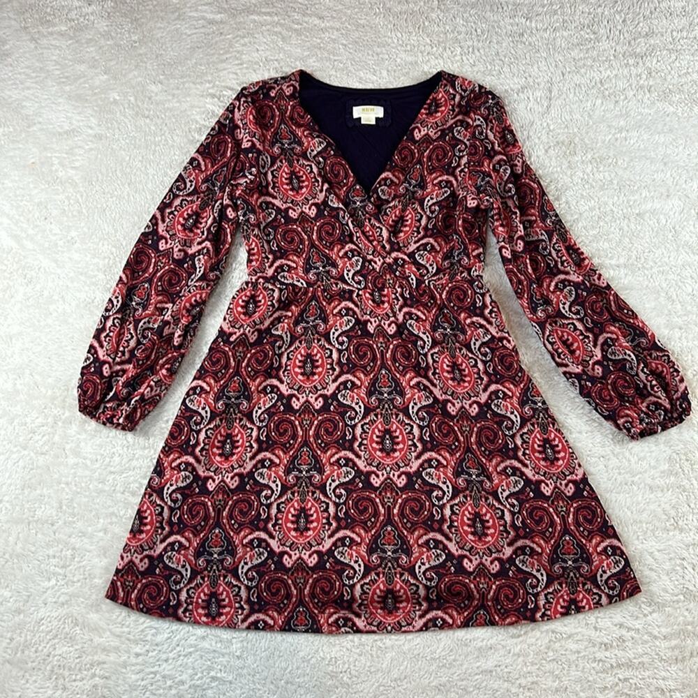 Maeve Anthro metallic patterned wrap bust belted fit and flare dress, L P‎